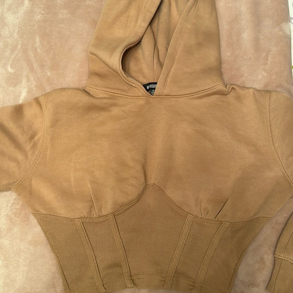 Missguided Camel Brown Corset Detail Cropped Hoodie Size US 2 NWOT - Picture 4 of 9